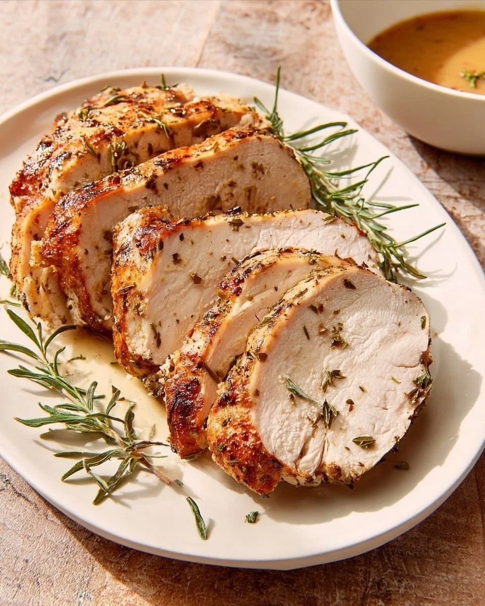 Juicy Air Fryer Garlic Herb Turkey Breast garnished with herbs.