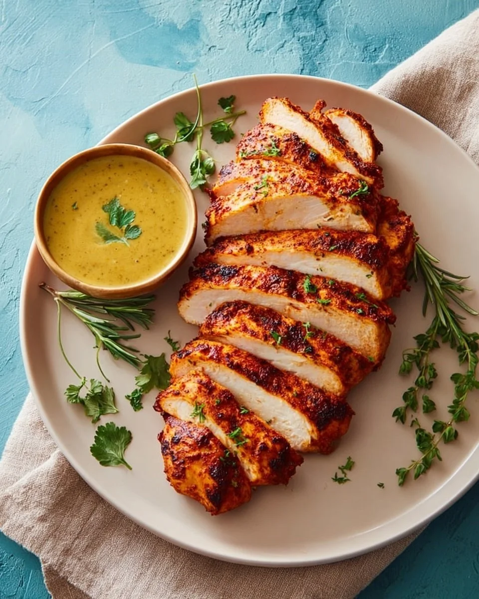 Air fryer tandoori turkey breast garnished with herbs and spices on a serving plate.