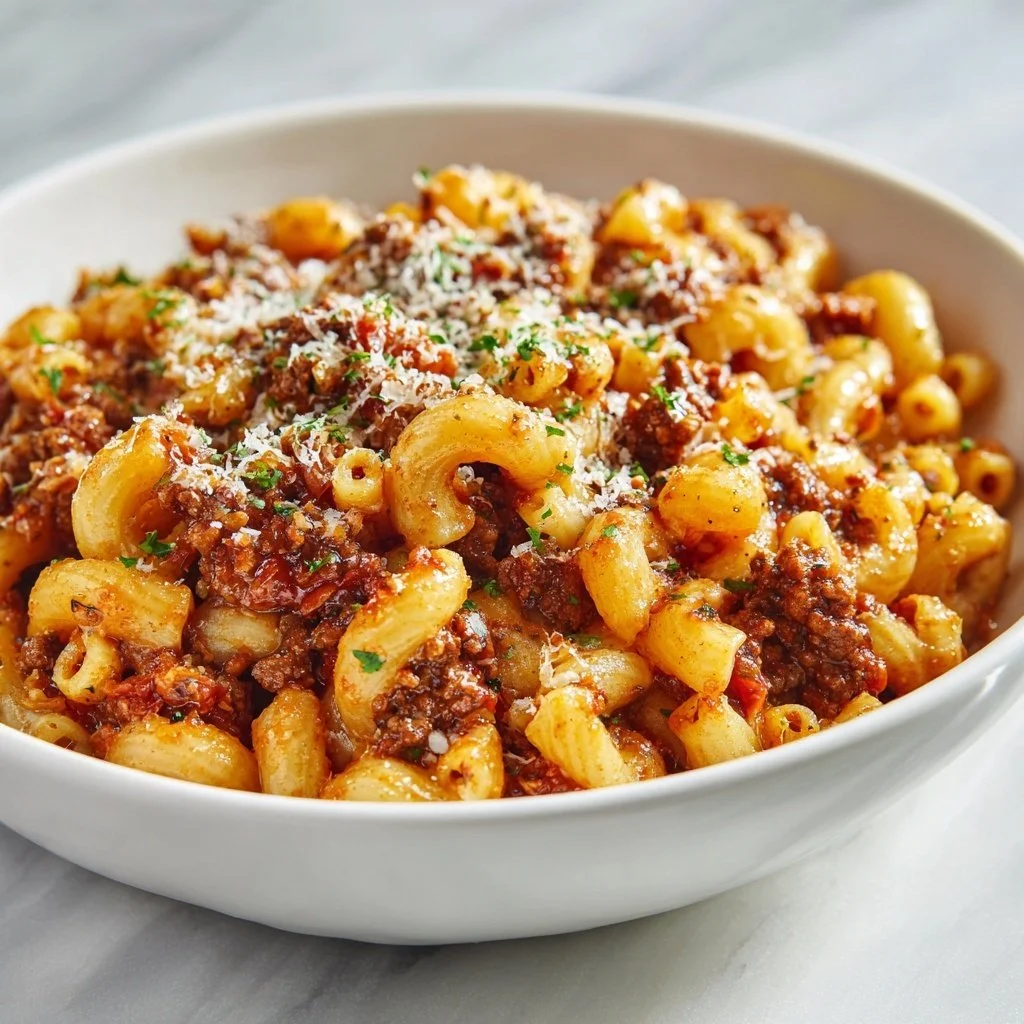 Delicious American Chop Suey with ground beef, pasta, and tomato sauce.