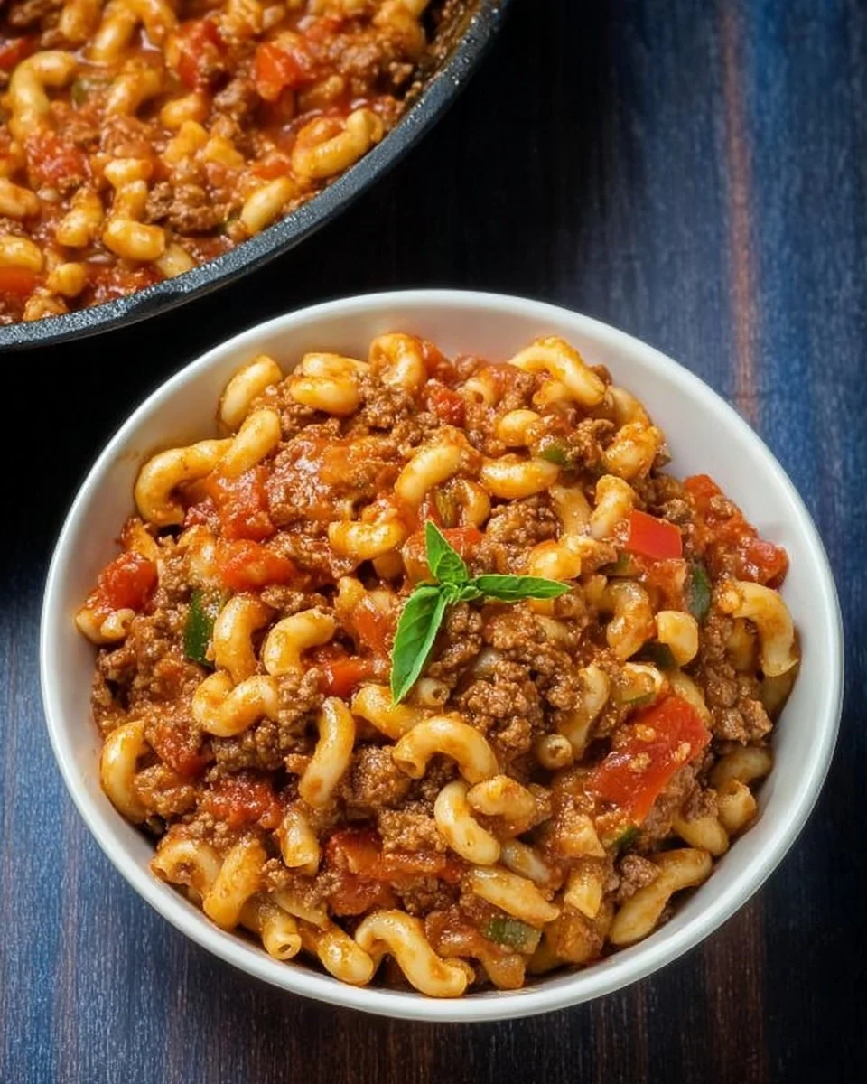 Plate of American Chop Suey, a hearty pasta dish with ground beef and tomato sauce