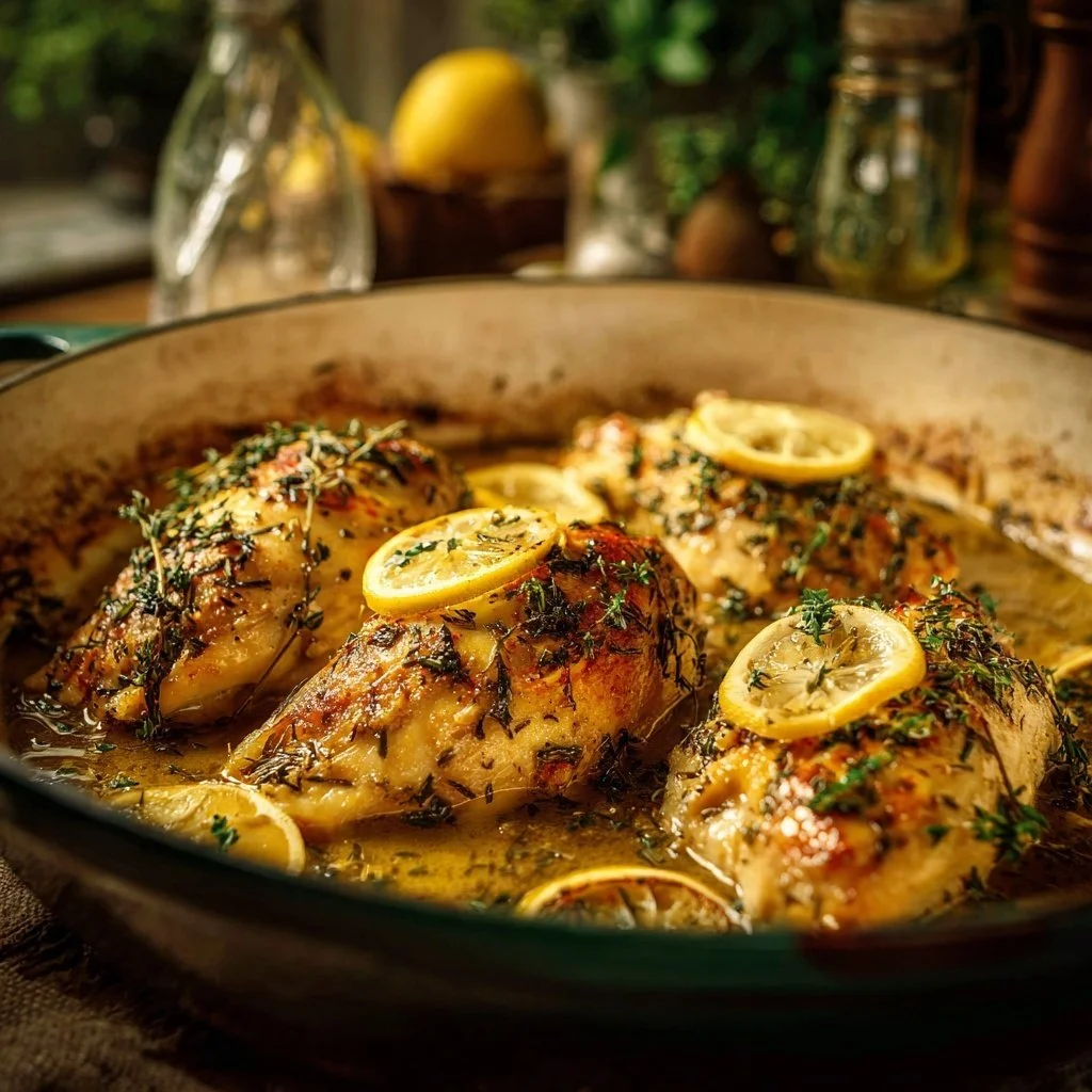 Baked Lemon Herb Chicken garnished with fresh herbs and lemon slices on a plate.