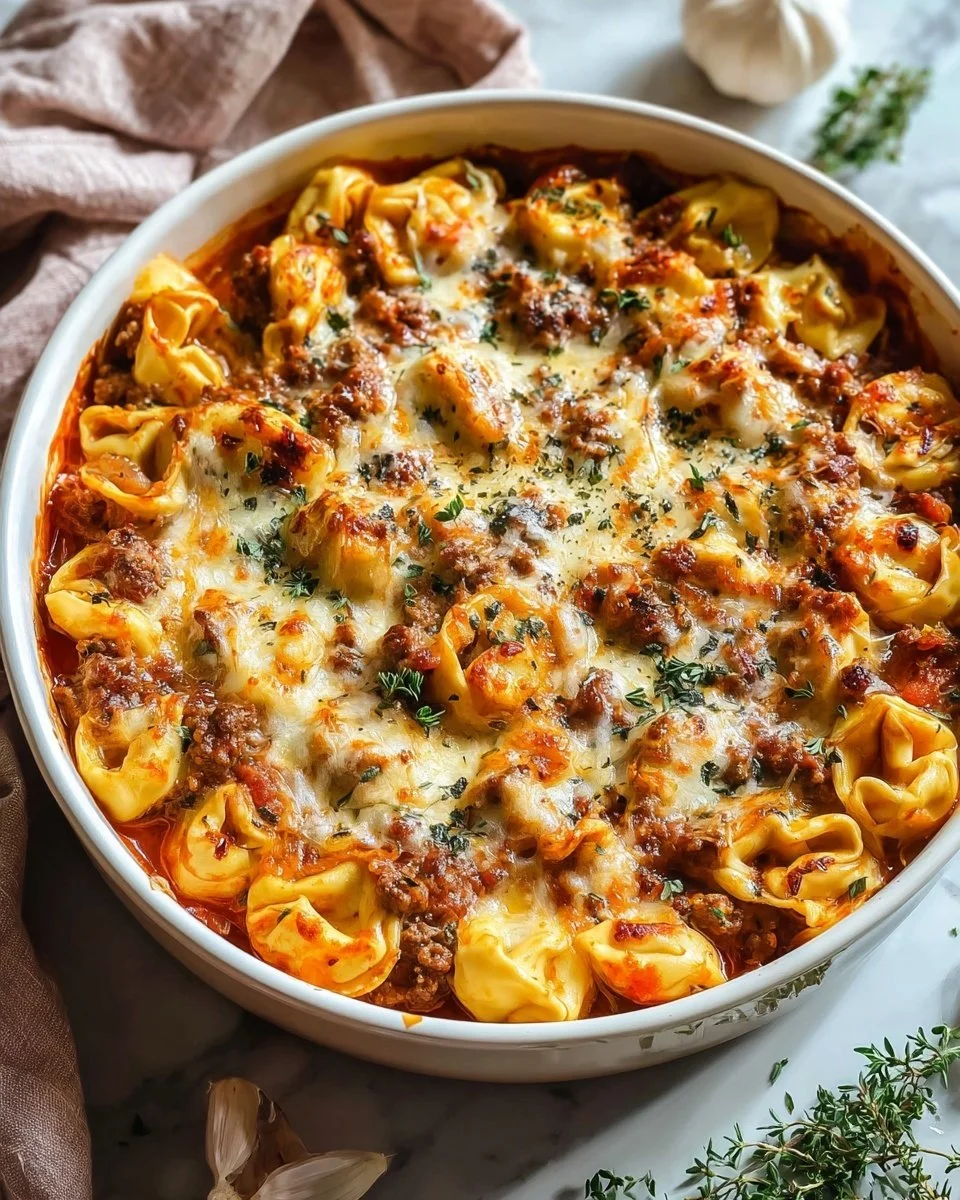 Delicious Beefy Tortellini Bake served in a casserole dish with cheese and herbs.