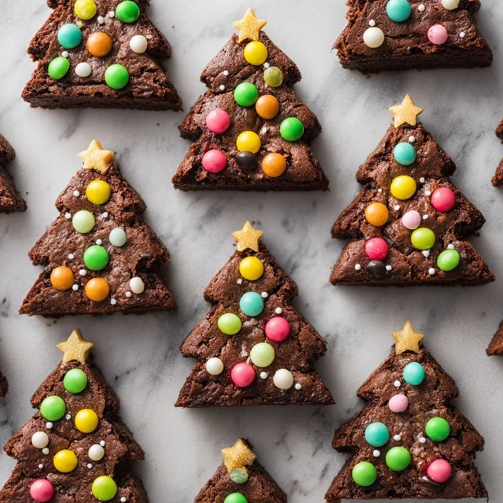 Decorative brownie Christmas trees topped with colorful frosting and sprinkles