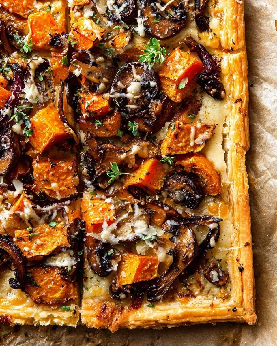 Butternut squash and mushroom puff pastry tart on a wooden table