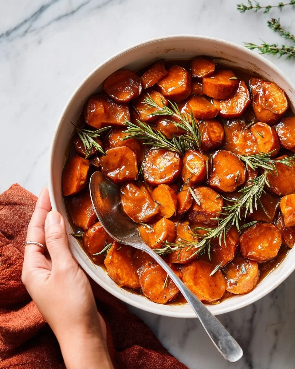 Baked candied sweet potatoes topped with marshmallows and pecans