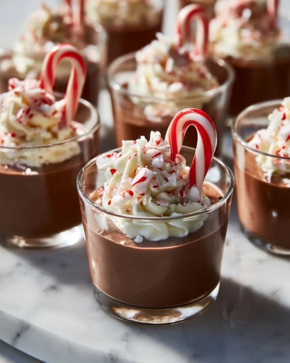 Candy Cane Chocolate Mousse Cups topped with mint and crushed candy canes