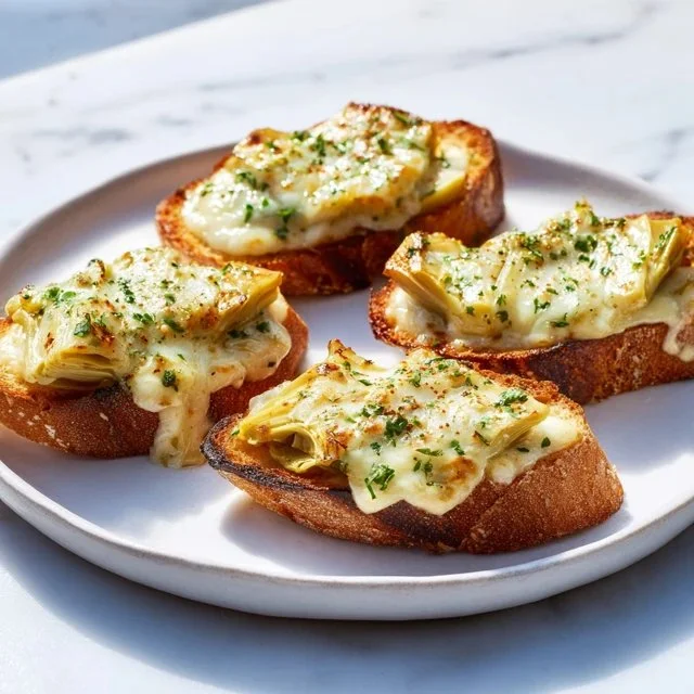 Delicious cheesy artichoke crostini appetizer topped with herbs and cheese.