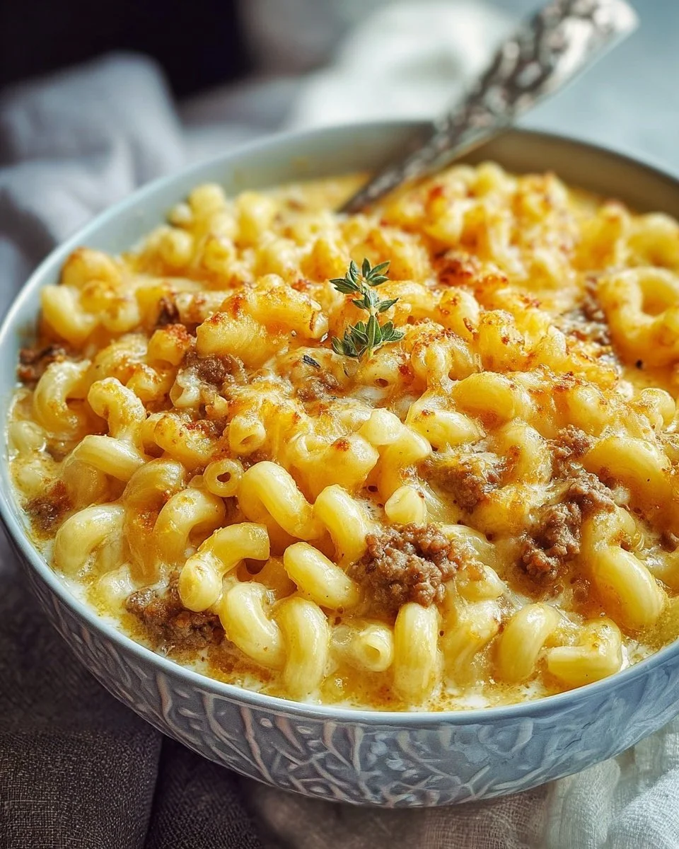 Cheesy macaroni hamburger dish garnished with herbs in a bowl