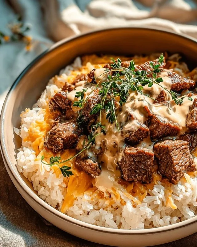 Cheesy steak rice bowl topped with melted cheese and garnished with fresh herbs