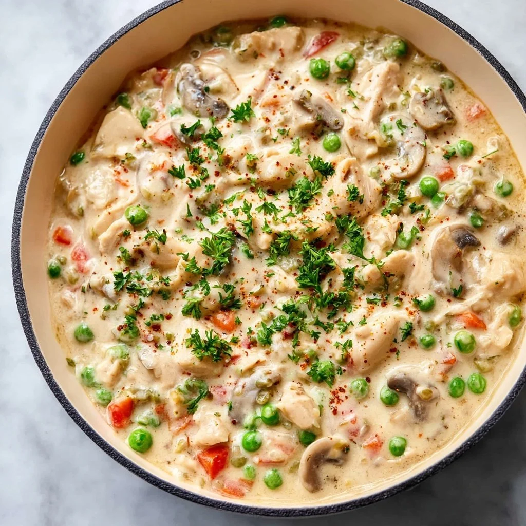 Delicious Chicken a la King served with creamy sauce and vegetables
