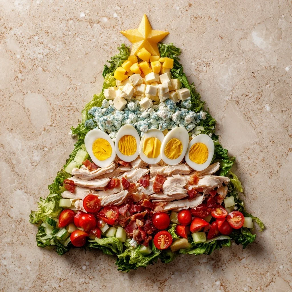 Festive Chicken Cobb Christmas Tree Holiday Salad decorated for the holidays