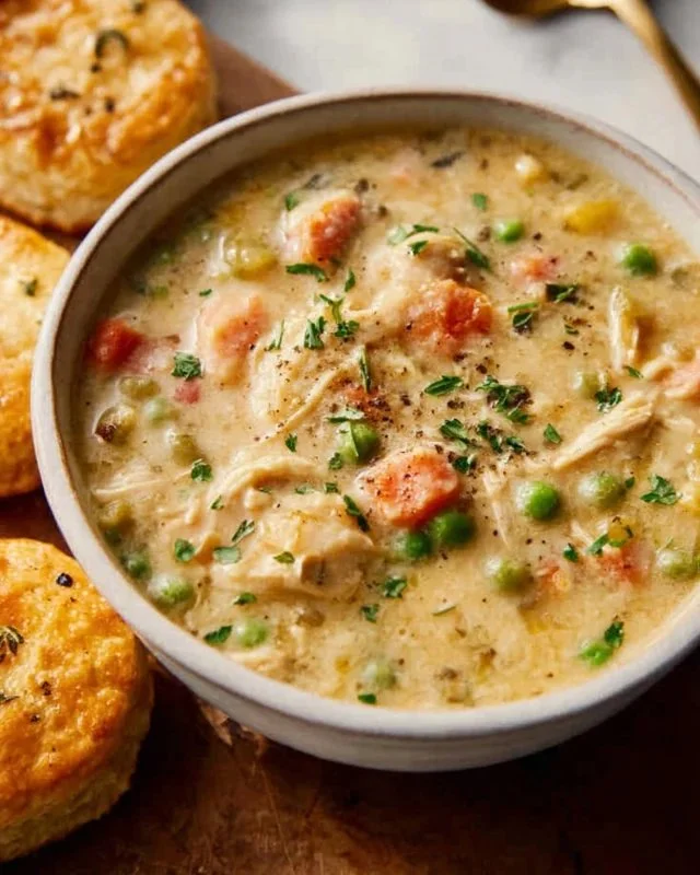 Bowl of Chicken Pot Pie Soup with vegetables and flaky biscuit topping