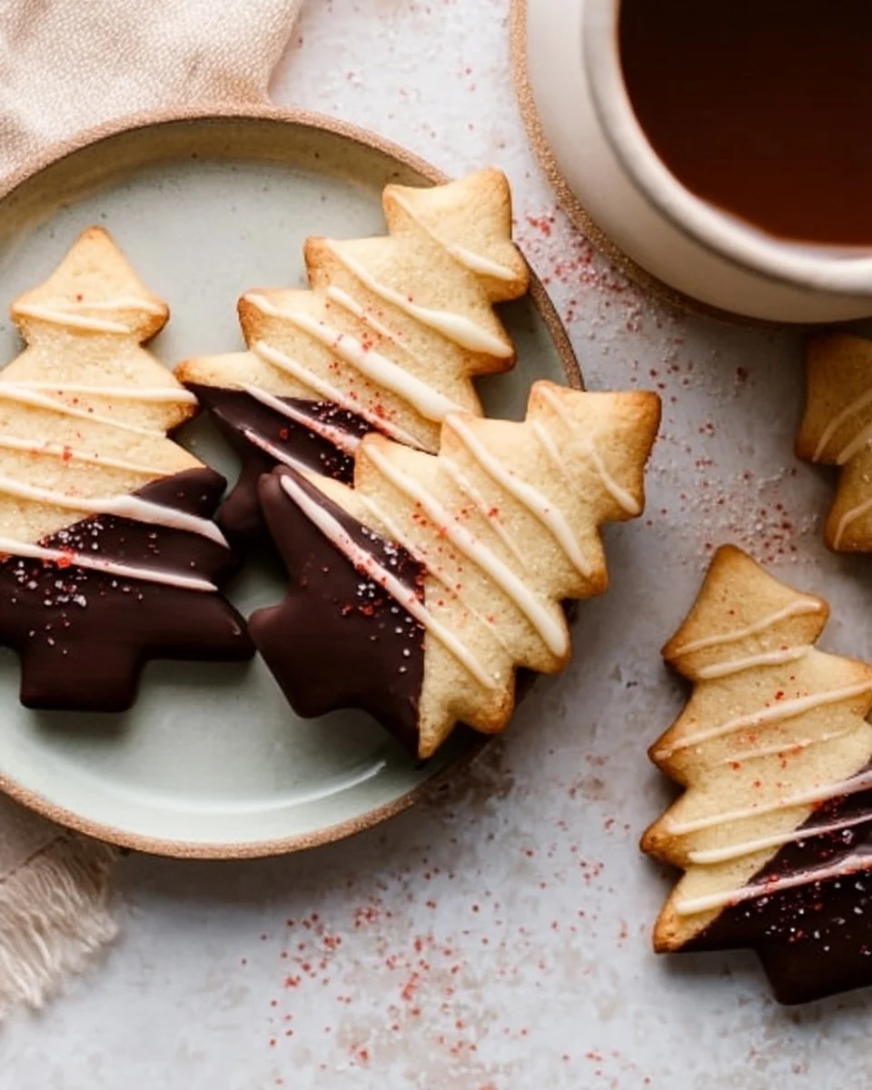 Chocolate dipped shortbread trees decorated for the holidays