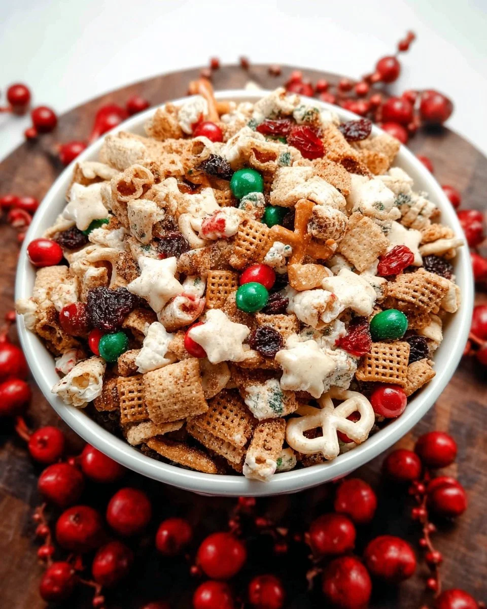 Holiday Christmas Crunch Mix with festive snacks and treats