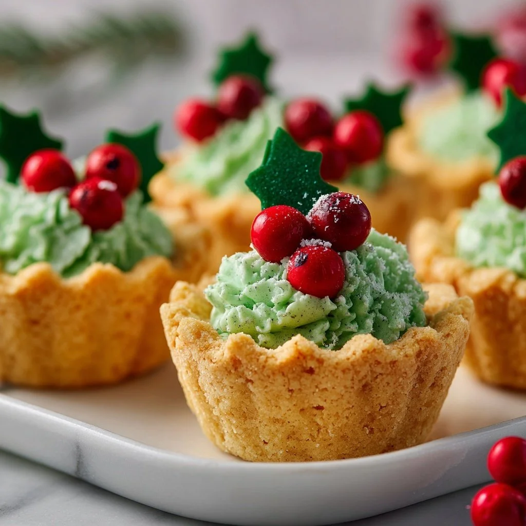 Christmas Holly Cookie Cups arranged on a festive platter