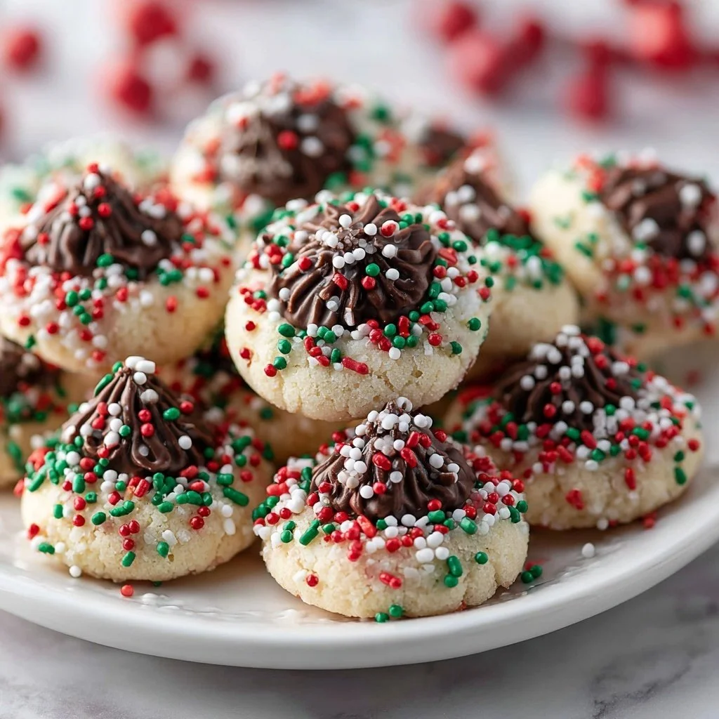 Delicious Christmas Kiss Cookies topped with chocolate kisses and festive sprinkles.