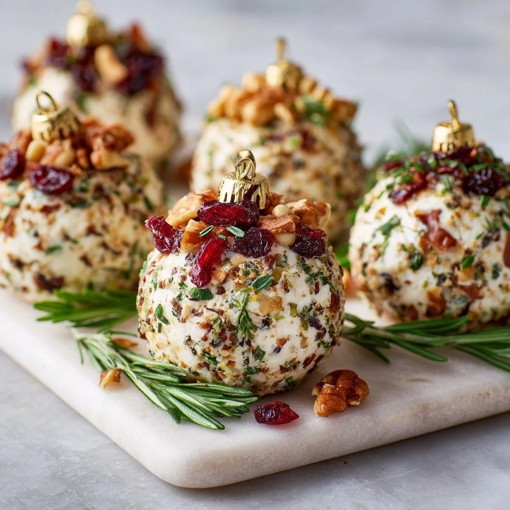 Festive Christmas Ornament Cheese Balls served on a holiday platter