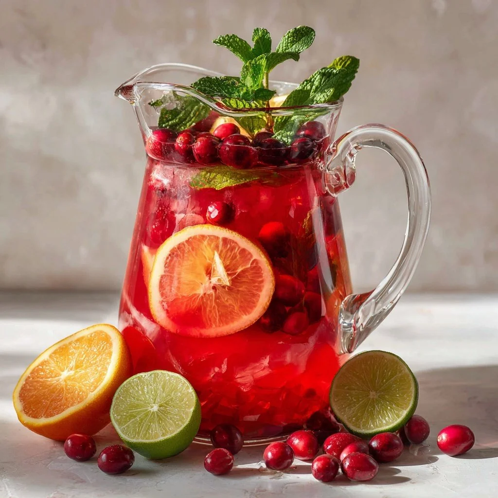Festive Christmas Punch in a glass with fruits and decorations