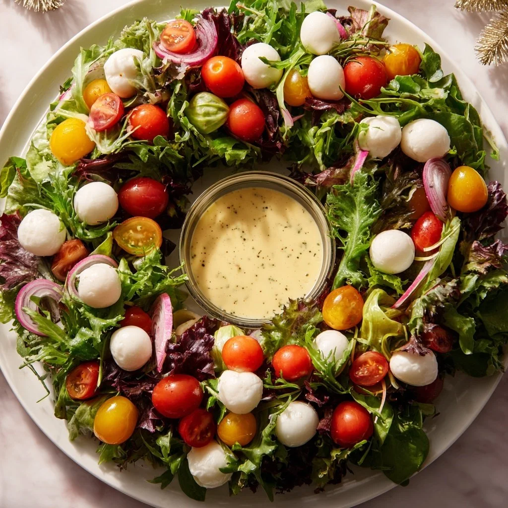 Christmas Salad Wreath with vibrant vegetables and creamy Italian dressing