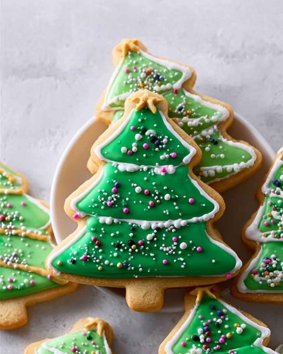 Decorated Christmas Tree sugar cookies on a festive plate