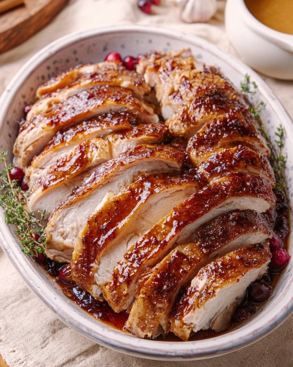 Cranberry glazed BBQ turkey breast served on a platter