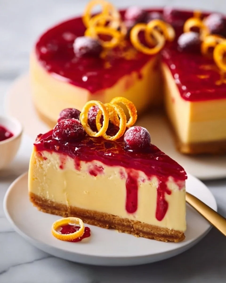 Slice of Cranberry Orange Cheesecake topped with fresh cranberries and orange zest