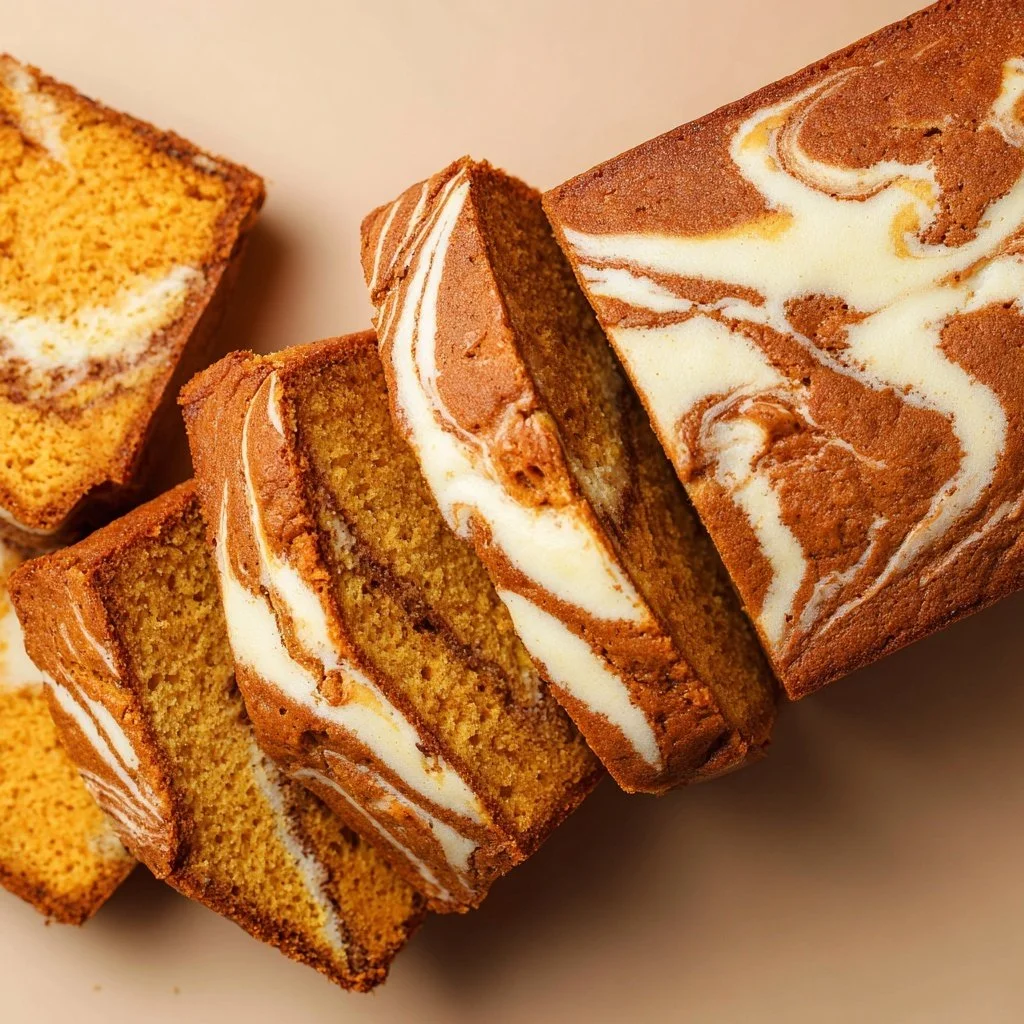 Sliced cream cheese pumpkin bread on a wooden board with spices and decor