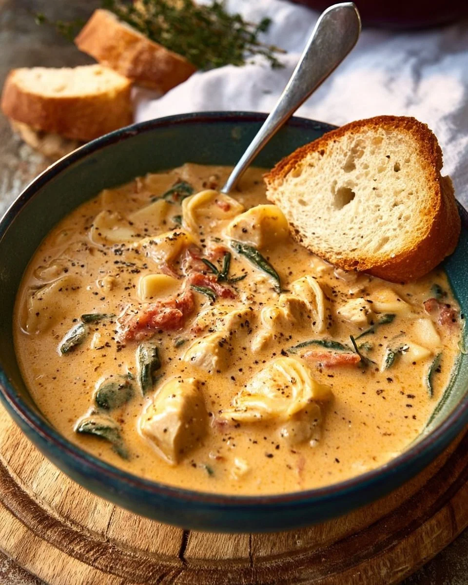 Bowl of creamy Marry Me Tuscan Chicken Soup garnished with fresh herbs.