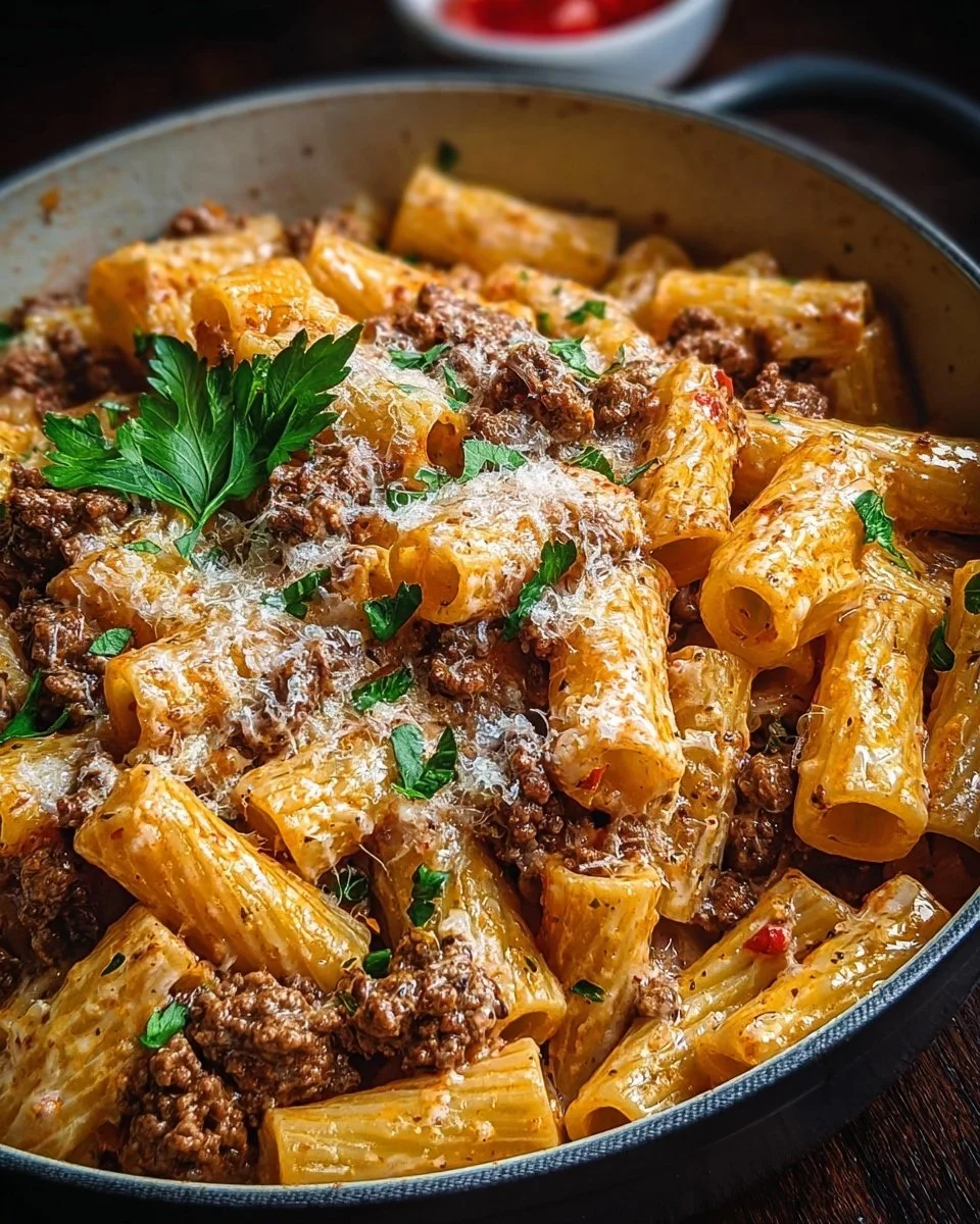 Creamy parmesan beef rigatoni served in a bowl with fresh herbs on top.