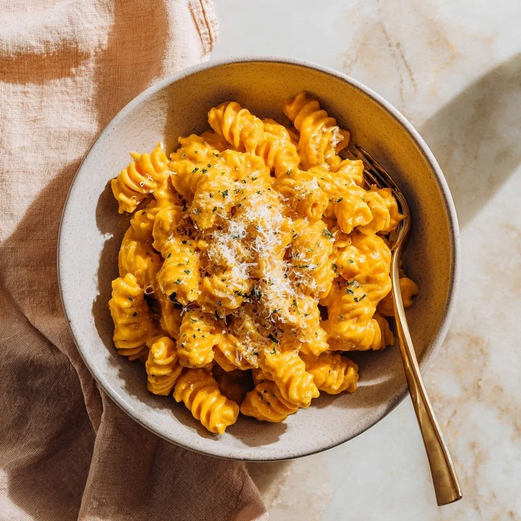 Creamy pumpkin pasta dish garnished with herbs and parmesan cheese
