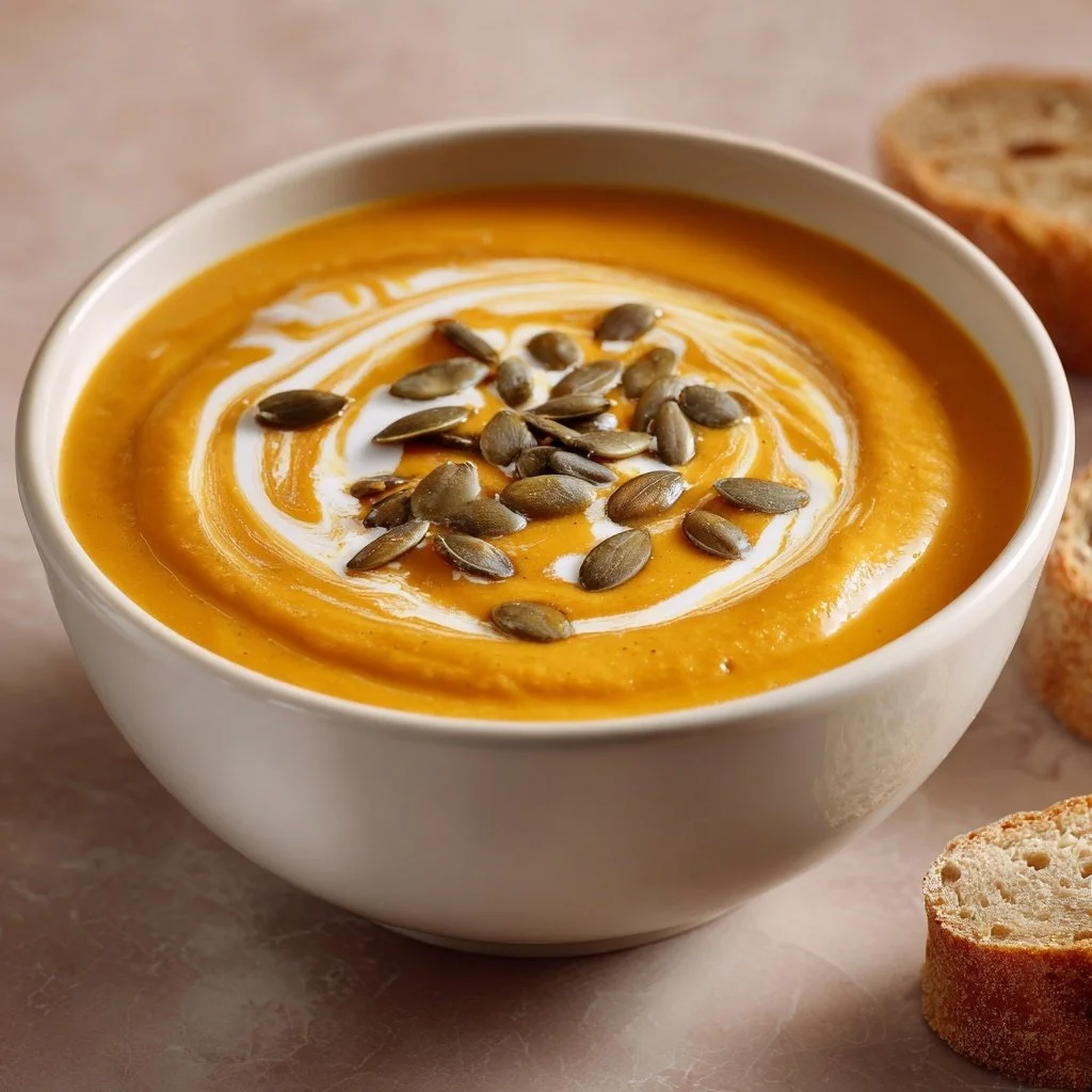 Creamy pumpkin soup served in a bowl topped with fresh herbs.