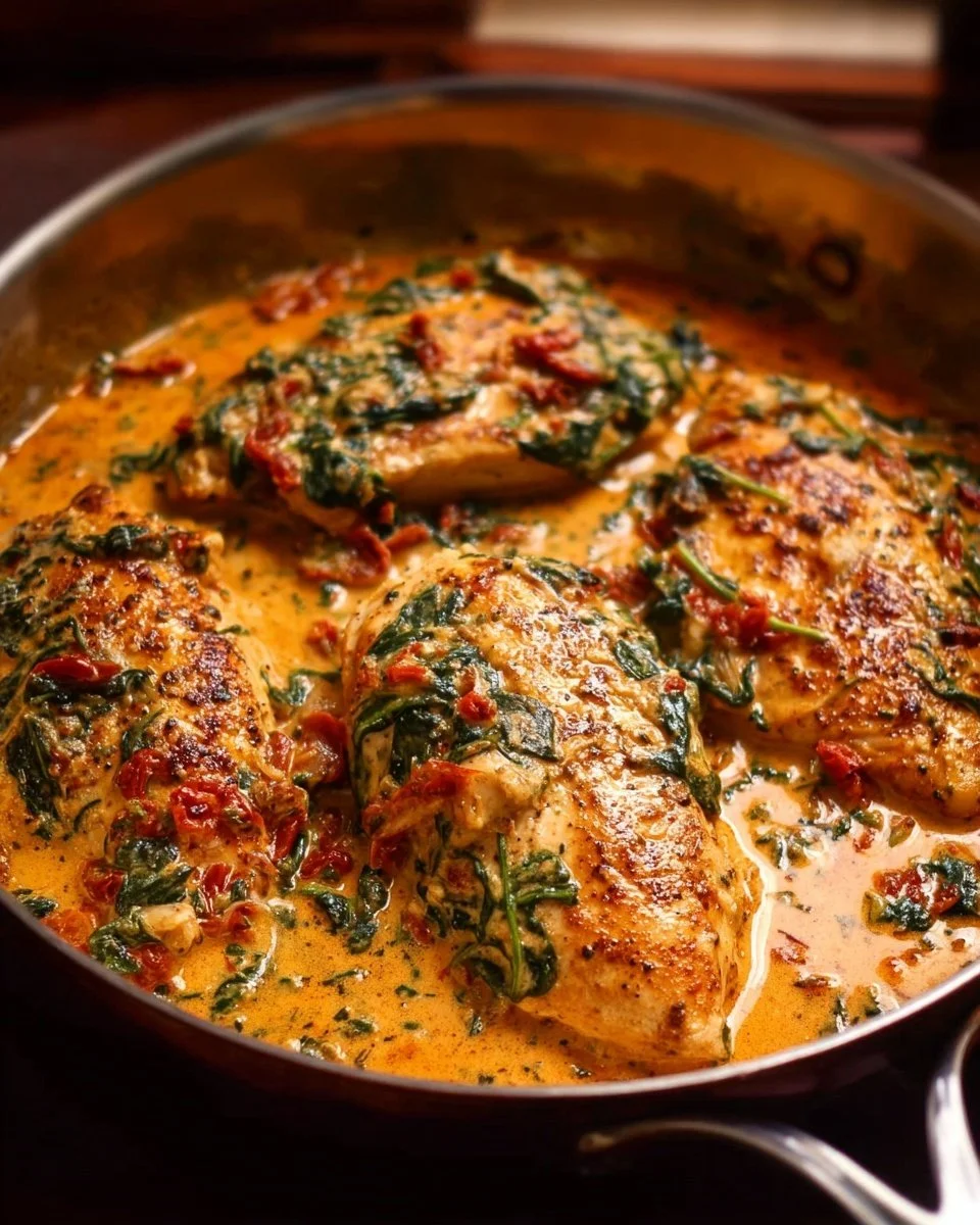 Creamy Tuscan Chicken with spinach, artichokes, and sun-dried tomatoes in a skillet.