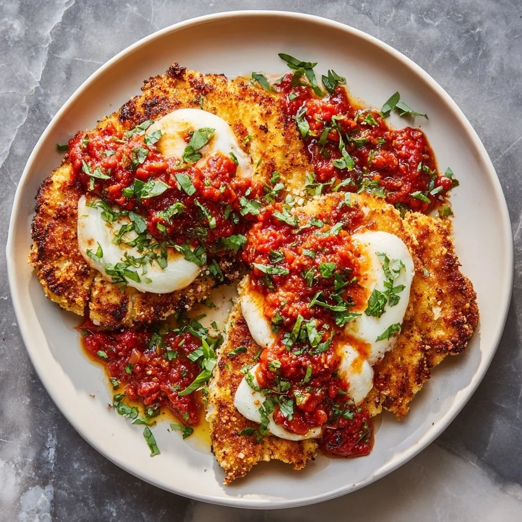 Crispy chicken cutlets served with marinara sauce and melted mozzarella cheese