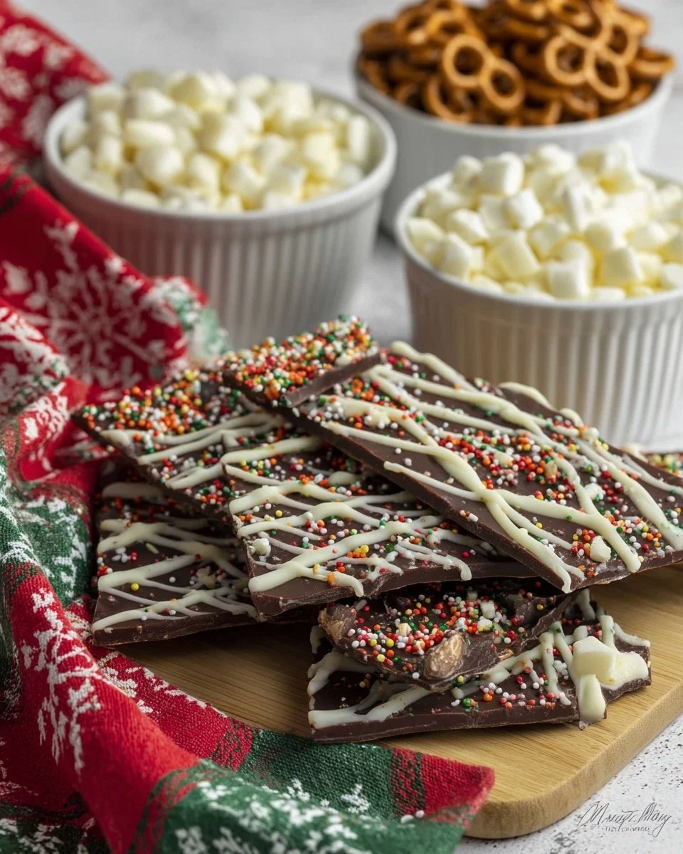 Delicious homemade Christmas chocolate pretzel toffee on a festive plate