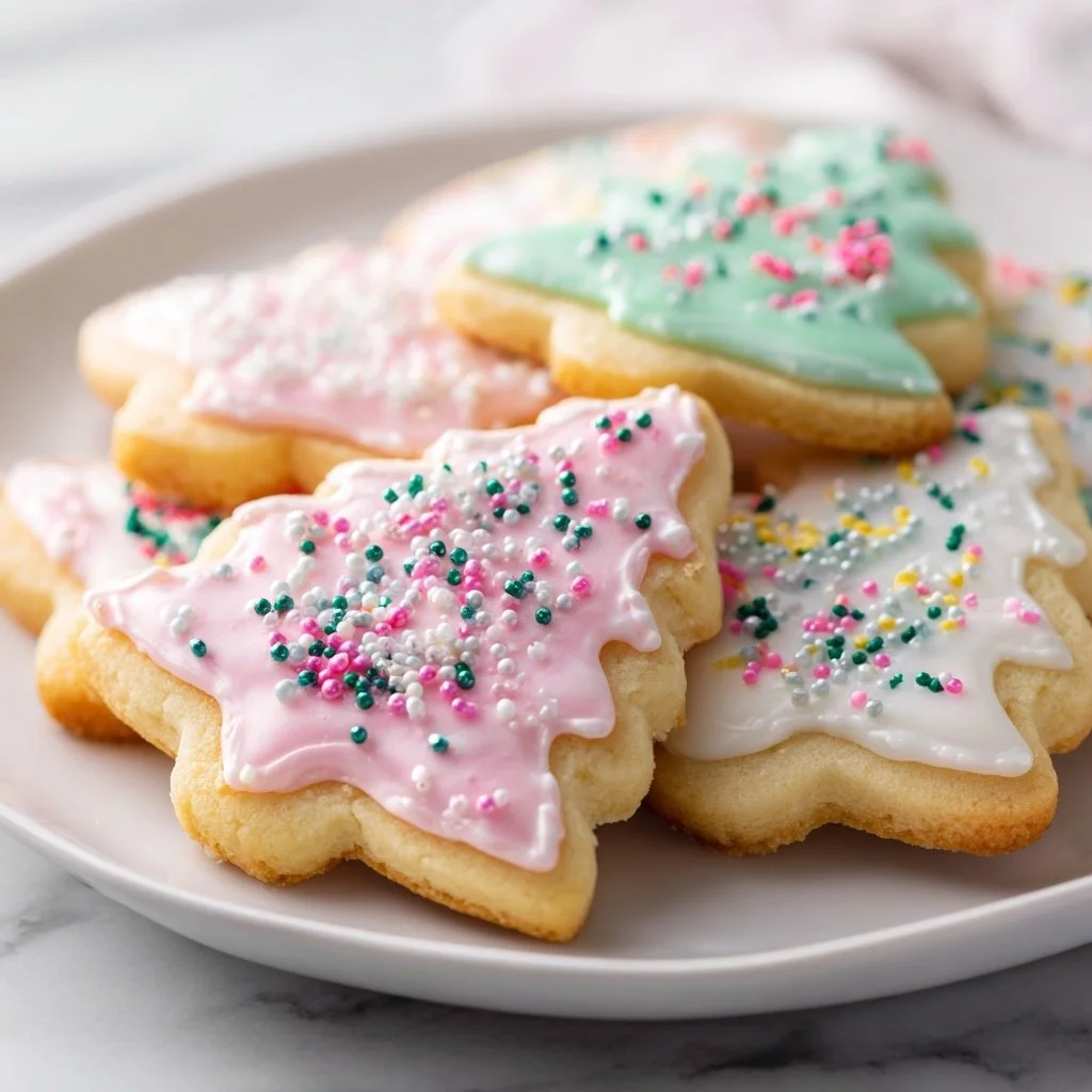 Easy Christmas sugar cookies decorated with colorful icing and festive sprinkles.