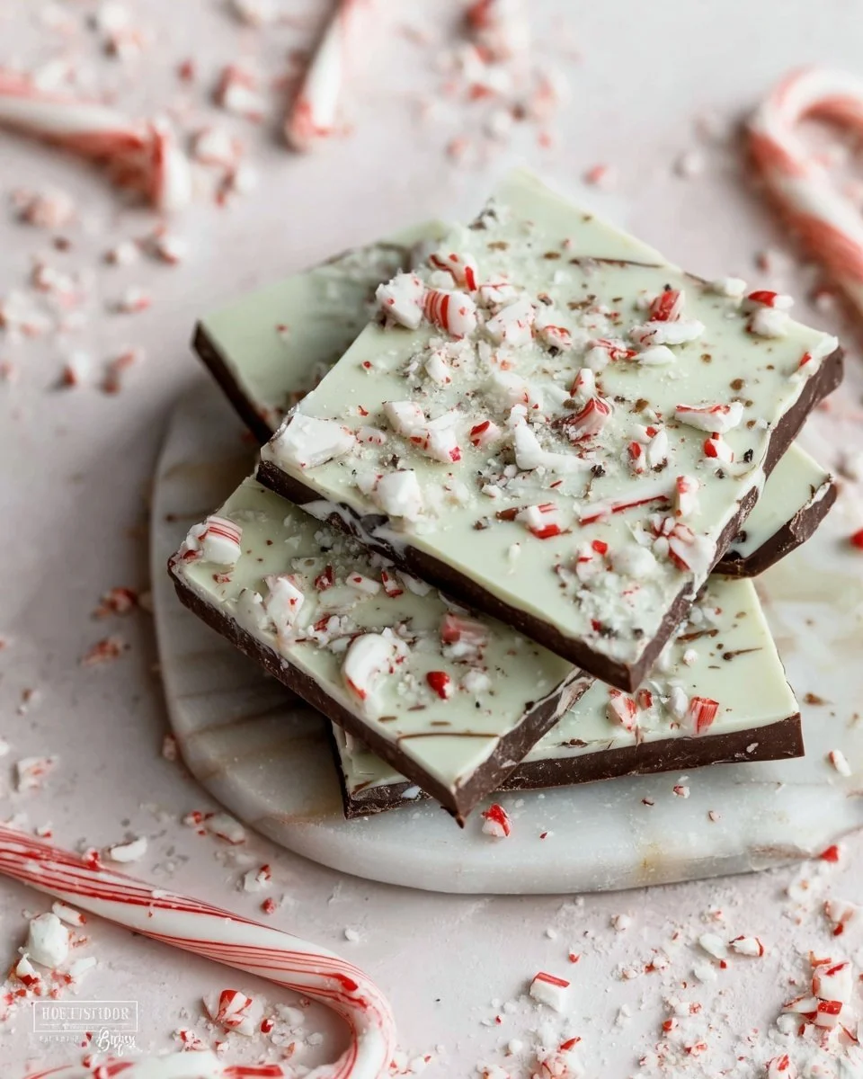 Delicious homemade chocolate peppermint bark on a festive background.