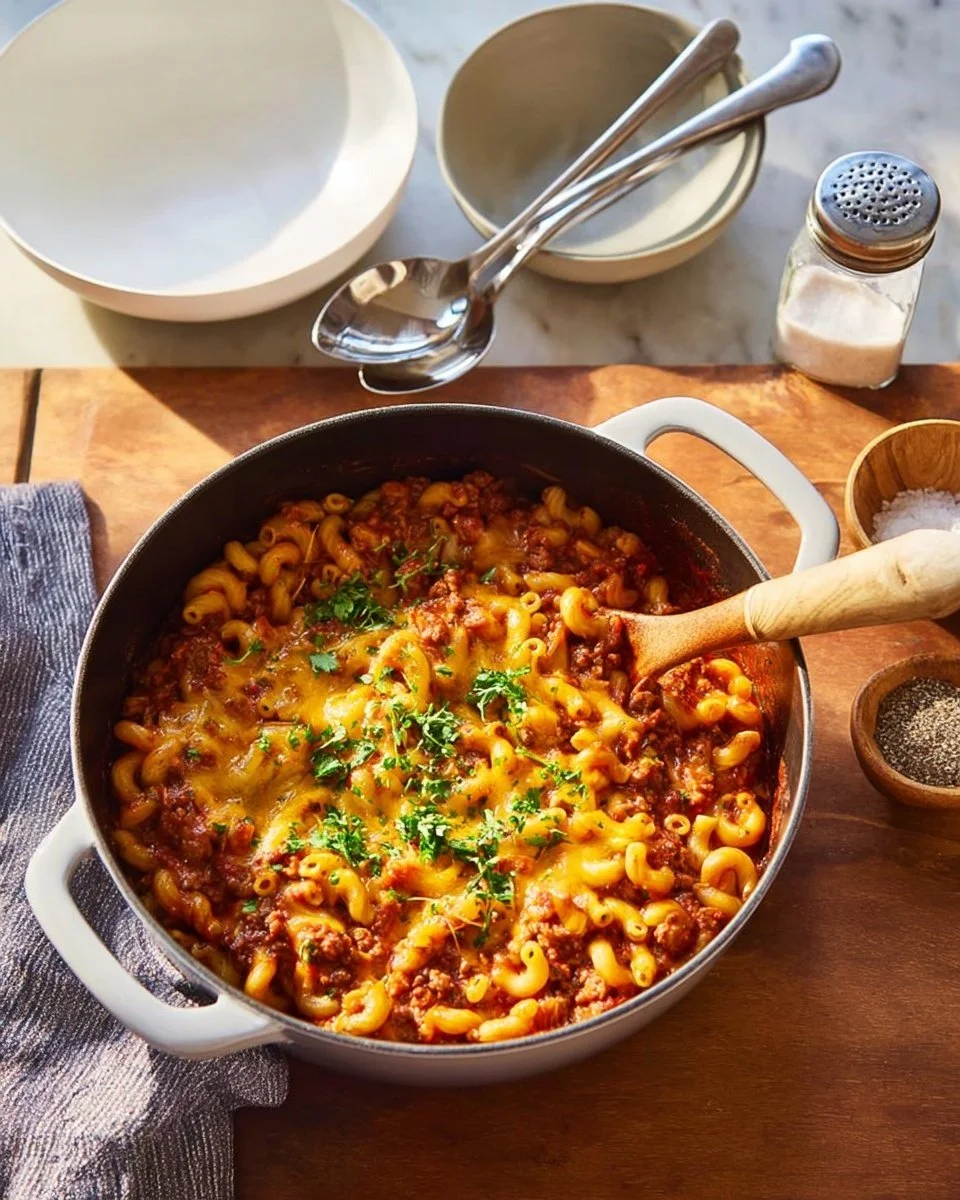 A delicious bowl of easy one-pot beef goulash served with fresh herbs.