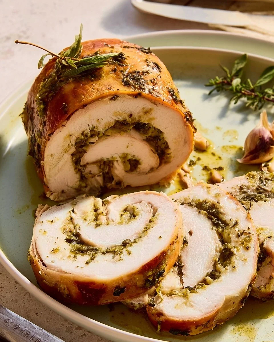 Garlic and herb turkey roulade sliced on a platter, garnished with fresh herbs.