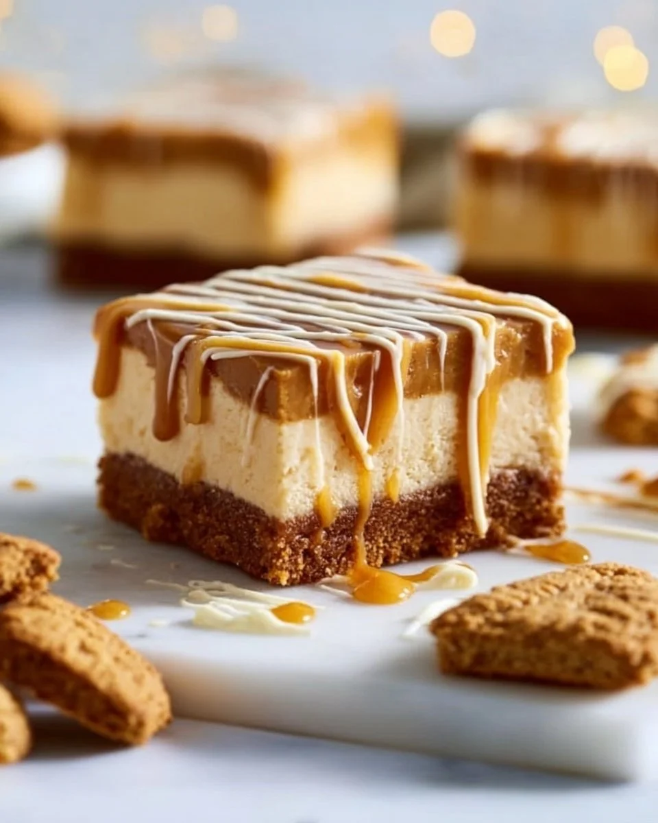 Delicious gingerbread cheesecake bars topped with whipped cream and spices