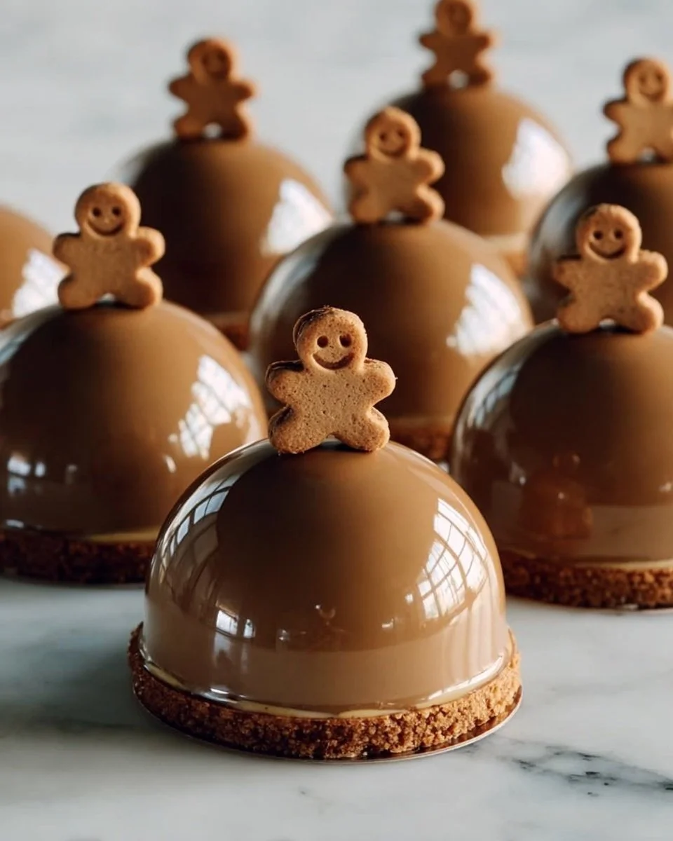 Gingerbread Latte Mousse Domes topped with spices and caramel drizzle