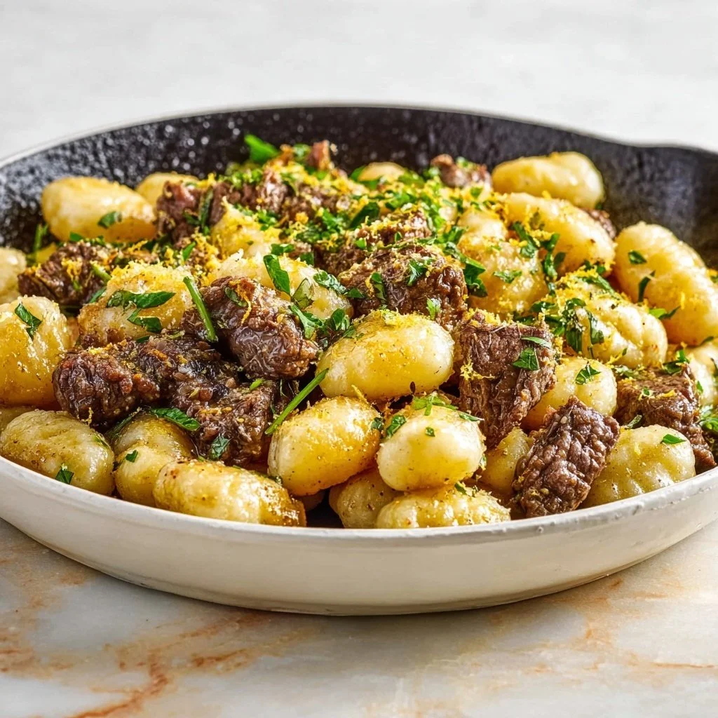 Gnocchi served with beef and lemon sauce on a plate