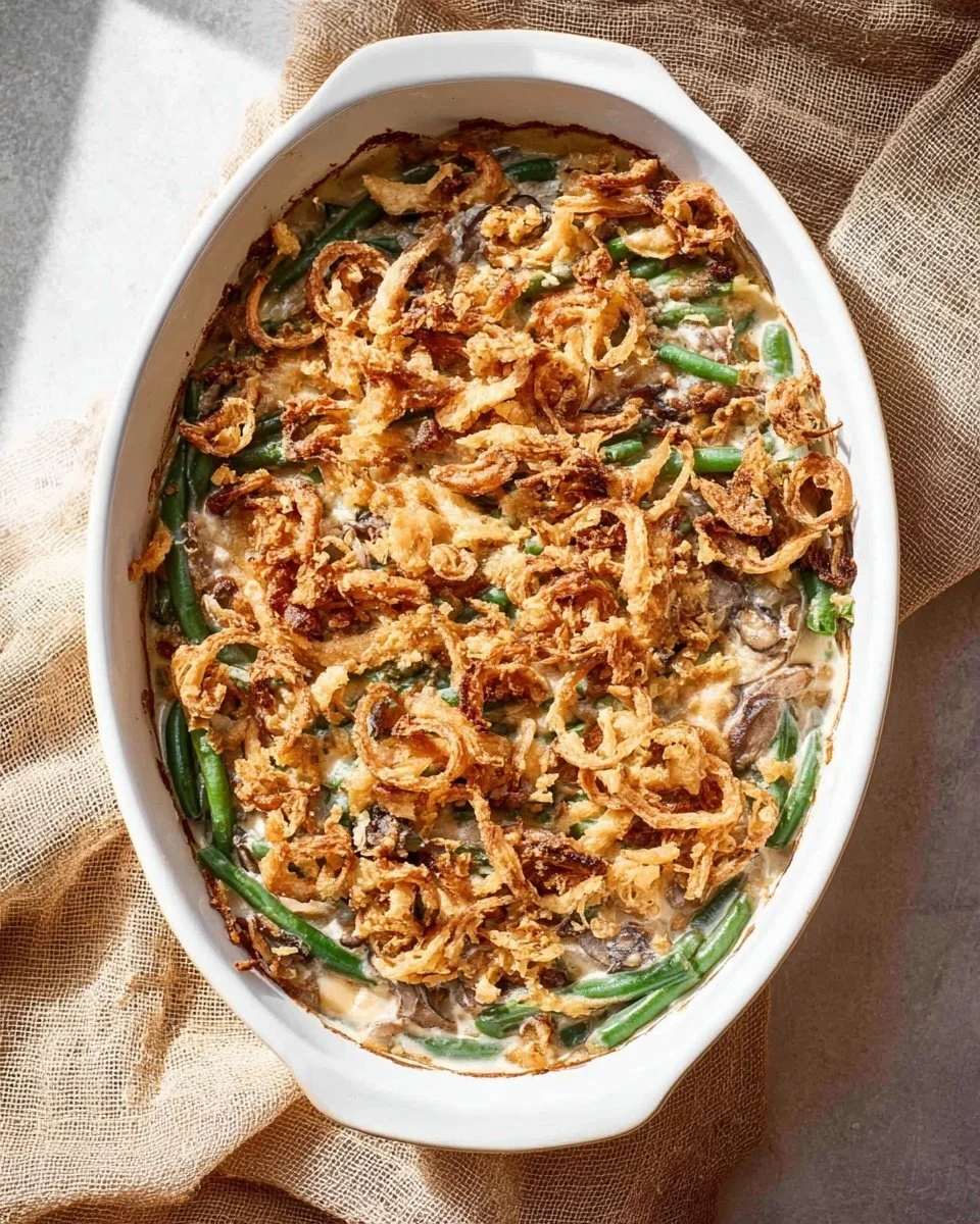 Delicious green bean casserole served in a baking dish with crispy topping