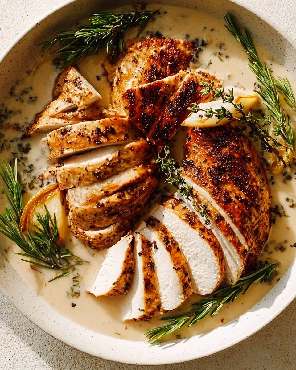 Delicious grilled turkey served on a plate with fresh herbs and spices.