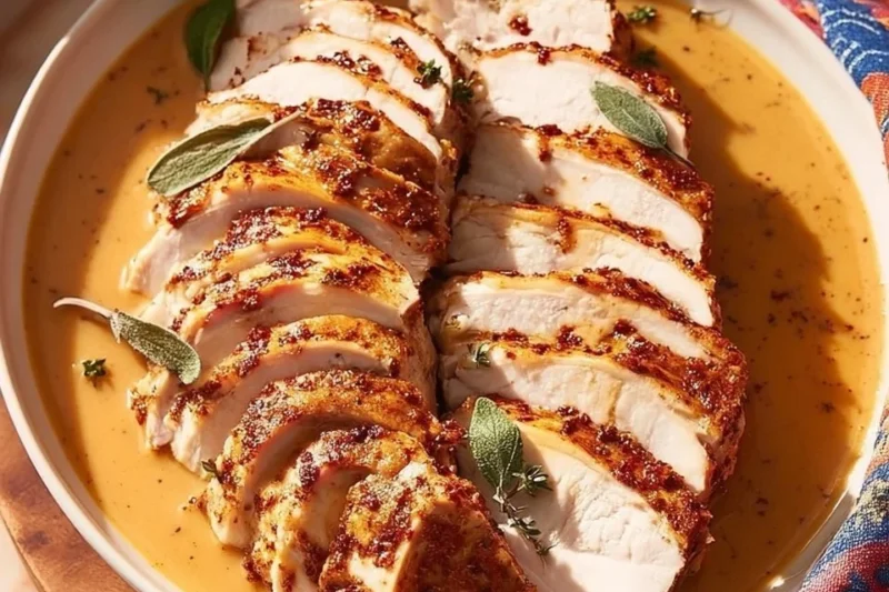 Harissa spiced turkey breast dish garnished with herbs