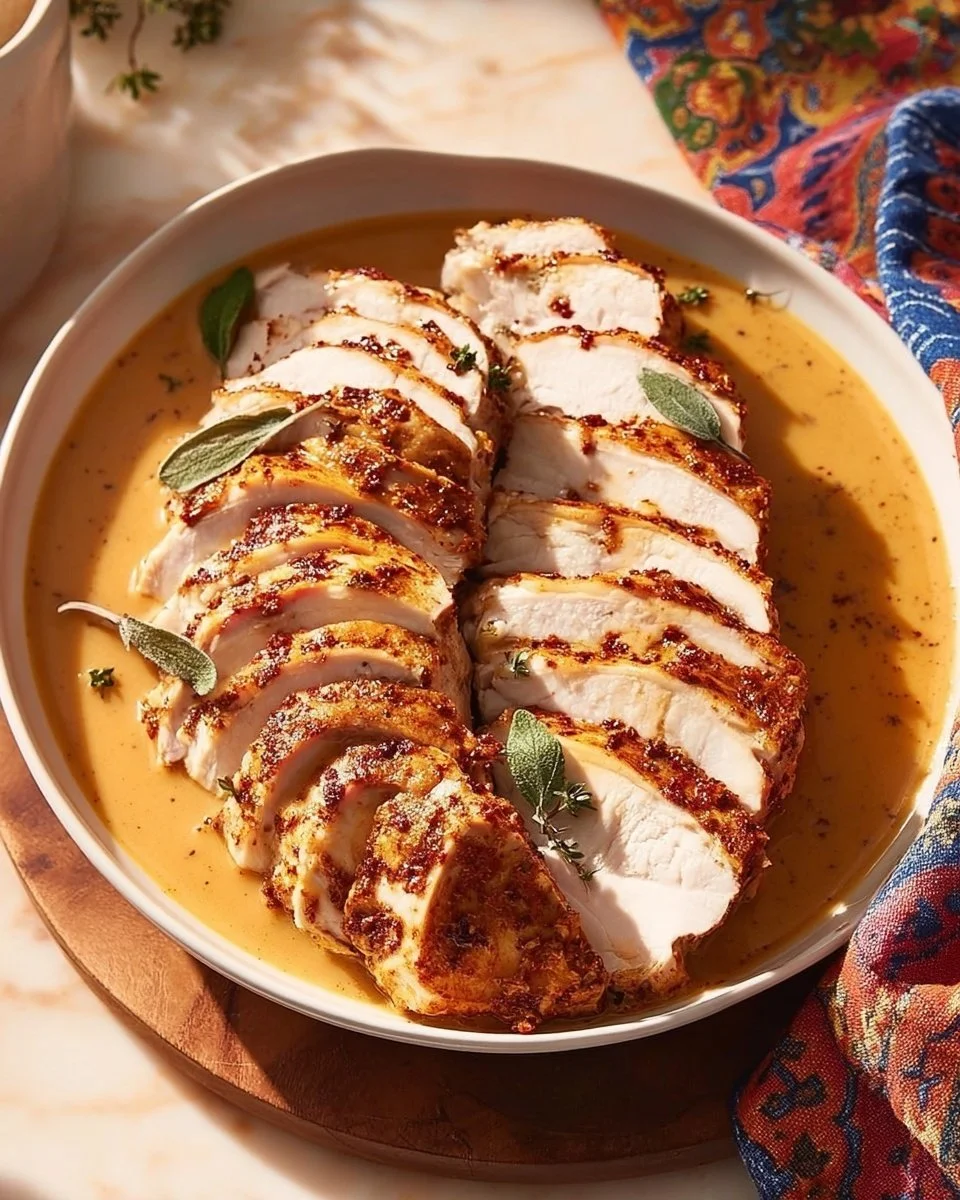 Harissa spiced turkey breast dish garnished with herbs