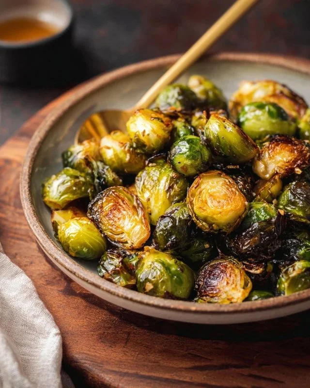 Honey Sriracha Brussels Sprouts served on a plate with garnishes