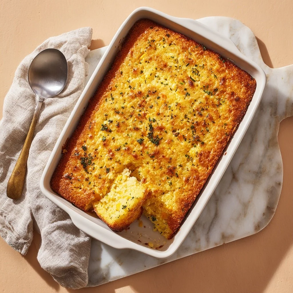 Delicious Jiffy cornbread casserole served in a baking dish.