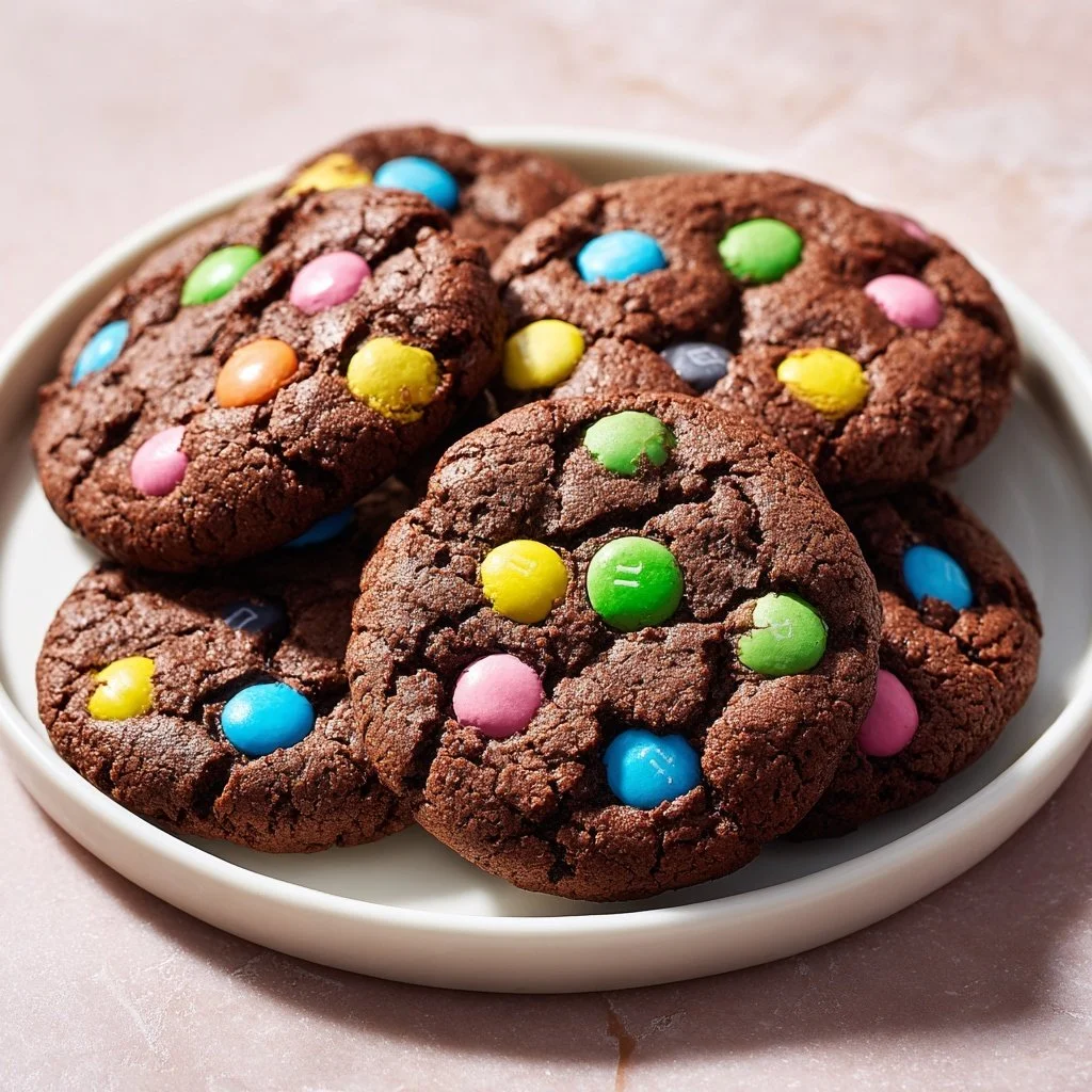Delicious M and M chocolate cookies on a plate, fresh out of the oven.