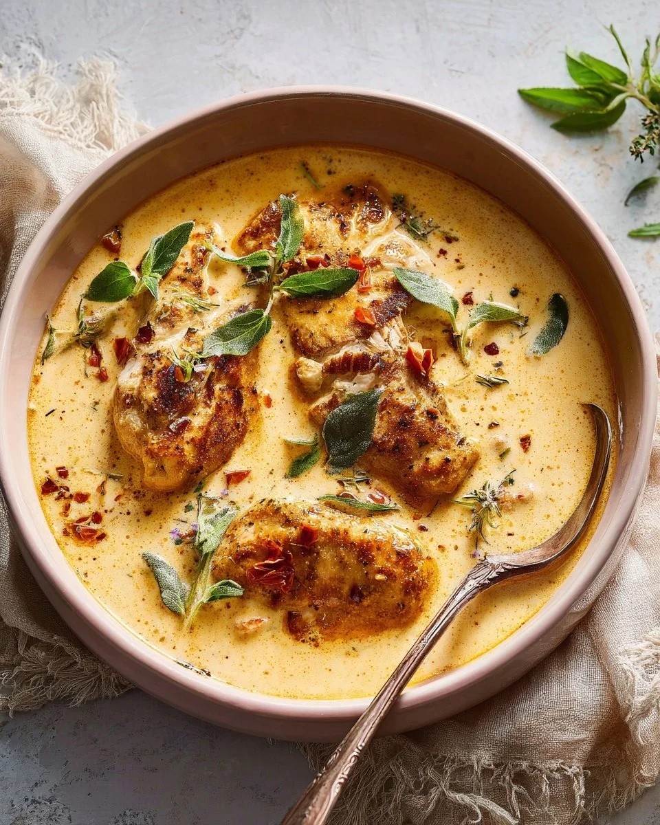 Plate of delicious Marry Me Chicken garnished with herbs