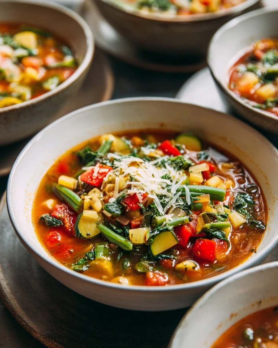 Bowl of hearty minestrone soup with fresh vegetables and herbs.